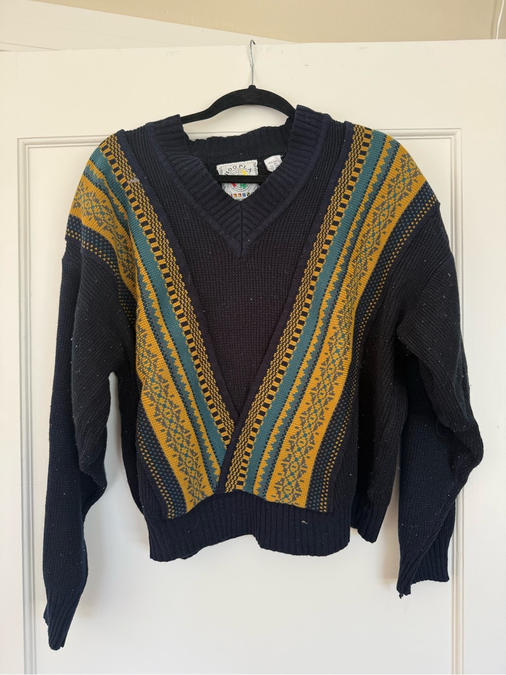 Vintage Hoopla Men's 90s V-Neck Patterned Sweater - Navy w/Mustard & Teal